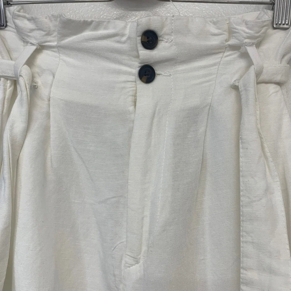 H&M White Linen Blend Paperbag  High Rise Tie Belt Tapered Pants Size 4 Pockets